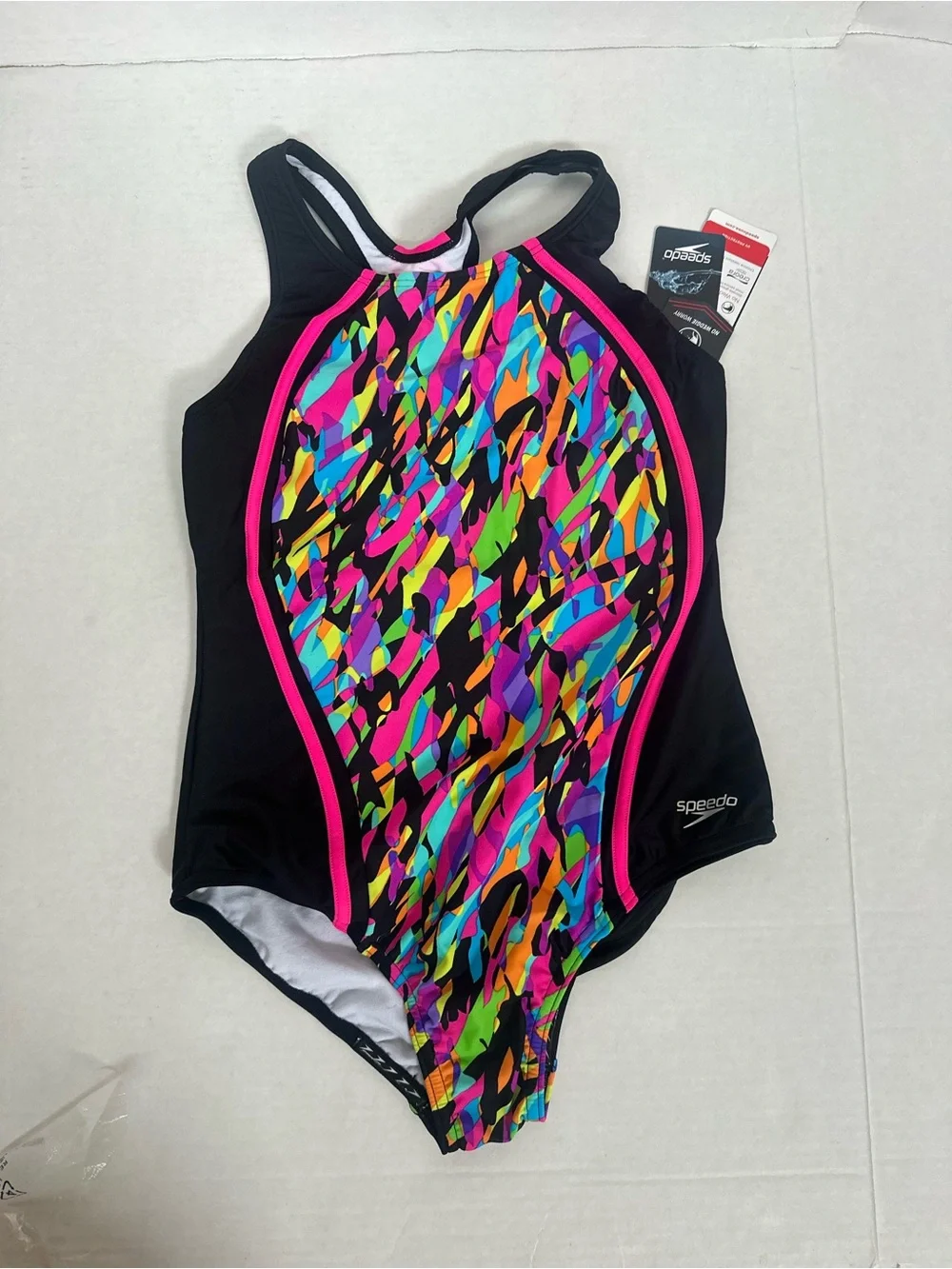 Speedo Black One-Piece with Bright Multi-Color Abstract Front